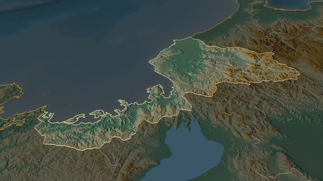 Fukui, prefecture with its capital, zoomed and extruded on the relief map of Japan in the conformal Stereographic projection. Animation 3D