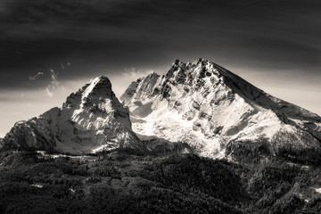 Mountain watzmann in dramatic light black and white winter 2020