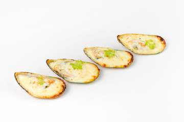 Snack baked oysters in batter on a white background