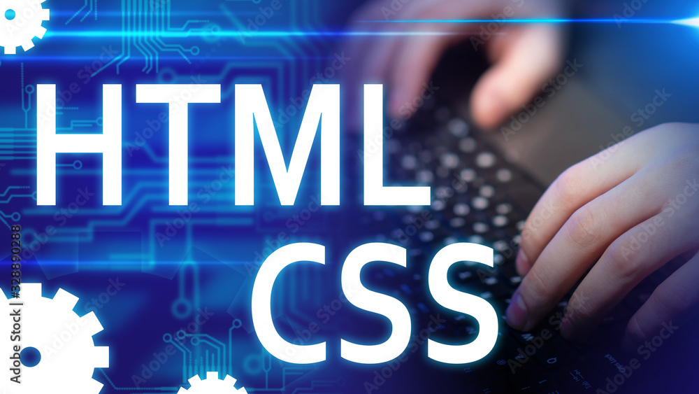 Poster html. css. logos of programming languages. hands of a web master close-up. man's hands on the keyboa