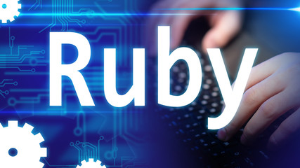 Ruby programmer. Concept - the work of developers in Ruby. Ruby logo next to human hands. Hands programmer write code. A person works in the IT field. Junior. PCB drawing on the background