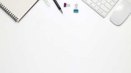 Top view office desk with computer and office supplies isolated on white background