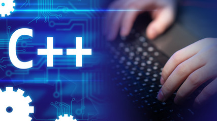 C ++. General-purpose programming language. Concept - Career C ++ programmer. Creation of software. Work in an IT company. C ++ logo on the background of the lines of the circuit board. Codding