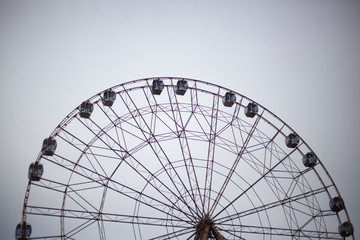 Ferris wheel in the park. City entertainment. Large metal construction. Pleasure vehicle for viewing the cityscape. Attraction for the townspeople. Rest in the park.