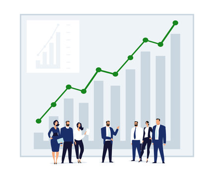 Tiny little men on the background of a growing chart with an arrow. Concept illustration about investing, business development, teamwork, overcoming the crisis. Flat vector illustration i