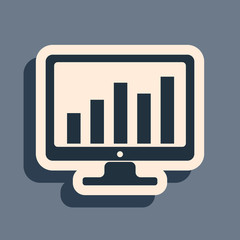 Black Computer screen with financial charts and graphs icon isolated on grey background. Chart bars and financial analytics. Long shadow style. Vector Illustration