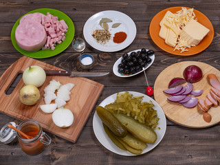 Various ingredients for cooking pizza pie, view from the top