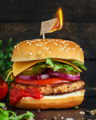 burger, meat cutlet beef steak, tomato, sauce and lettuce tasty meat snack sandwich menu concept. food background. top view. copy space