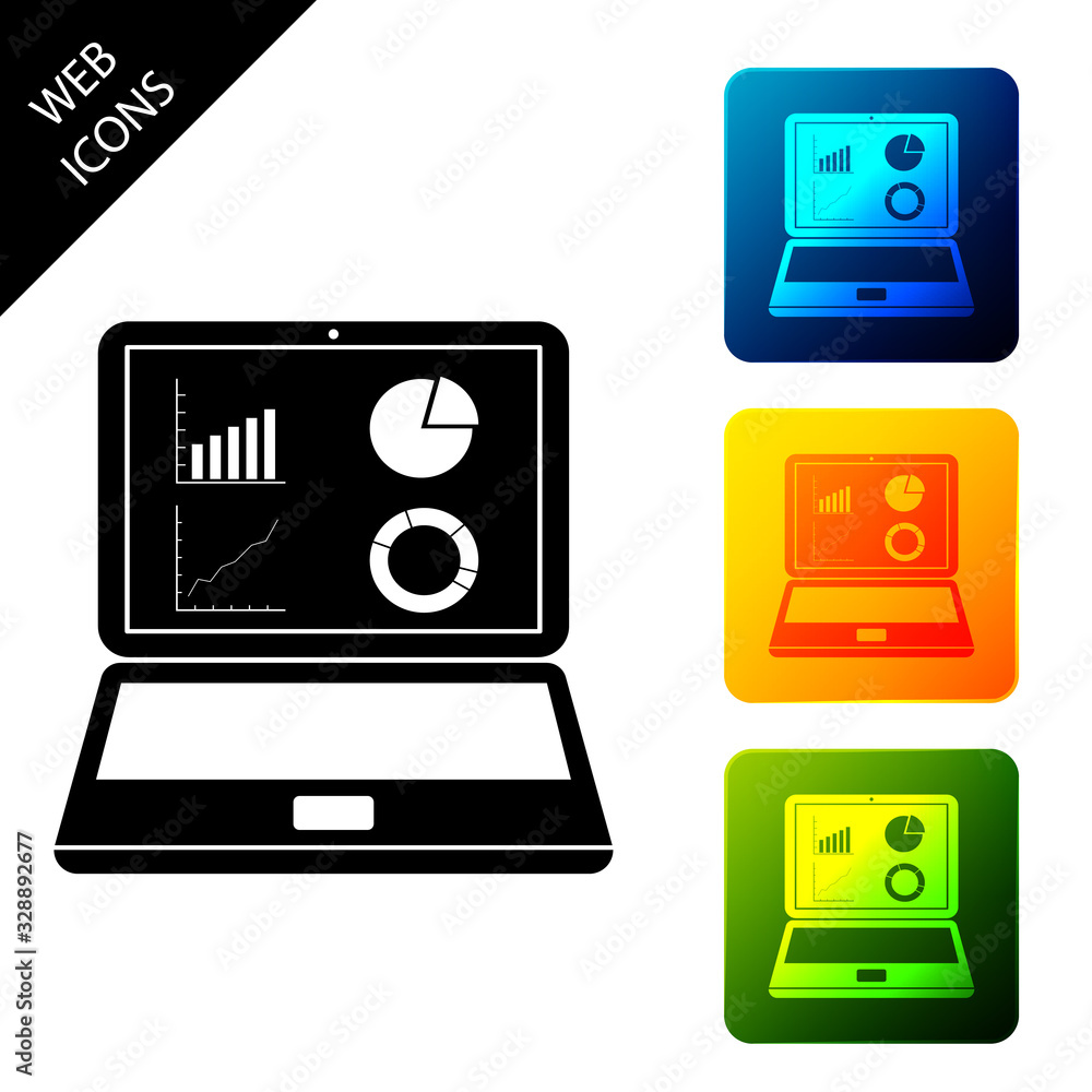 Poster black laptop with graph chart icon isolated on white background. report text file icon. accounting s
