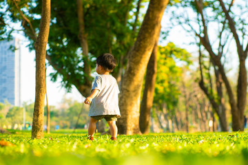 Adorable little asian boy walking on green grass sunset light in summer park