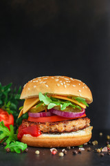 burger, meat cutlet beef steak, tomato, sauce and lettuce tasty meat snack sandwich menu concept. food background. top view. copy space
