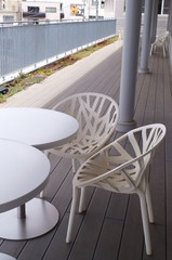Tables and seats outside the cafe