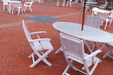 Tables and seats outside the cafe