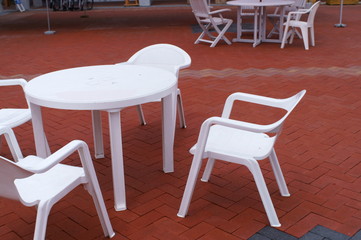 Tables and seats outside the cafe