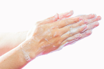 Fototapeta premium Step 1 Hand washing medical procedure. Isolated on white background.