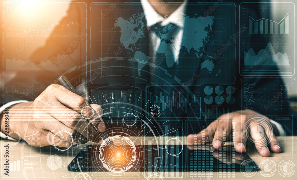 Poster data analysis for business and finance concept. graphic interface showing future computer technology