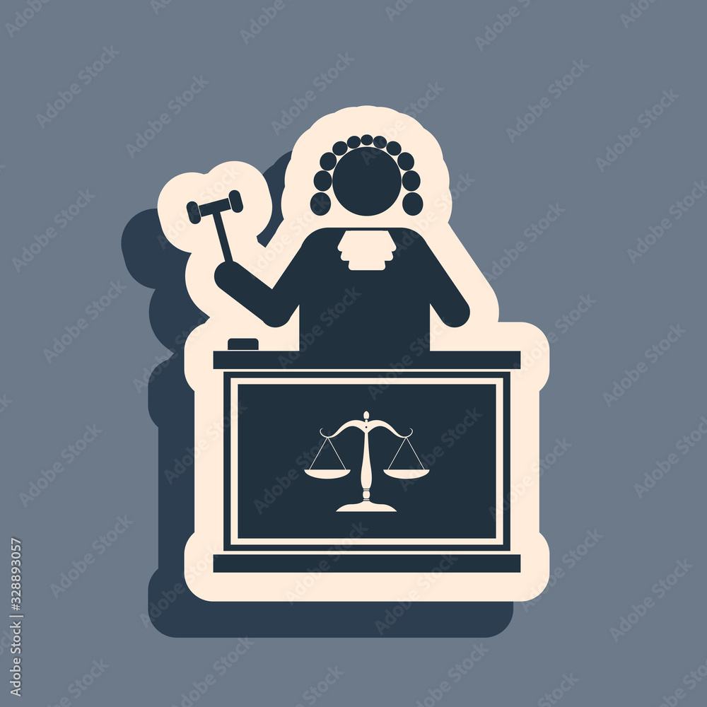 Poster black judge with gavel on table icon isolated on grey background. long shadow style. vector illustra