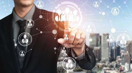 People network and global communication concept. Business people with modern graphic interface of...