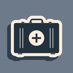 Black First aid kit icon isolated on grey background. Medical box with cross. Medical equipment for emergency. Healthcare concept. Long shadow style. Vector Illustration