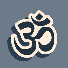 Black Om or Aum Indian sacred sound icon isolated on grey background. Symbol of Buddhism and Hinduism religions. The symbol of the divine triad of Brahma, Vishnu and Shiva. Vector Illustration