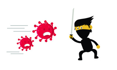 vector illustration of a ninja cartoon character fighting a dangerous virus using a sword