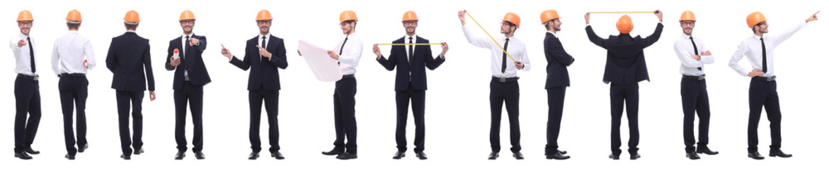 panoramic photo collage of confident architect isolated on white