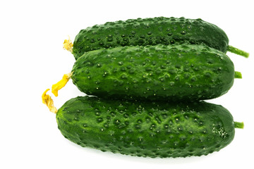Three small green cucumbers fresh lie in the center on a white background