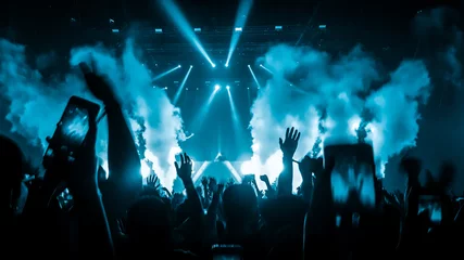 Foto op Plexiglas Gelukkige mensen dansen in een nachtclub DJ-feestconcert en luisteren naar elektronische dansmuziek van DJ op het podium. Silhouet vrolijke menigte viert nieuwjaarsfeest 2020. Mensen levensstijl DJ nachtleven. © Summit Art Creations