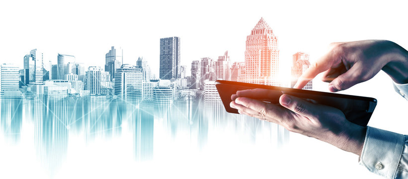 Abstract city building skyline metropolitan area in contemporary color style and futuristic effects. Real estate and property development. Innovative architecture and engineering concept.