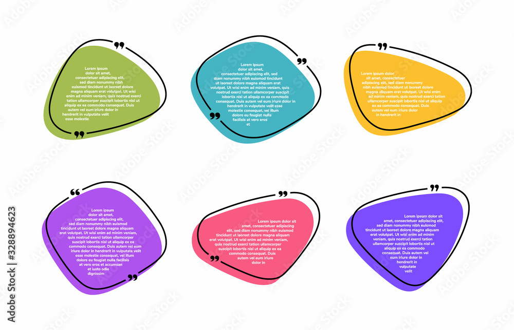 Poster super set different shape hand drawn texting boxes. colored quote speech bubble. modern flat style v