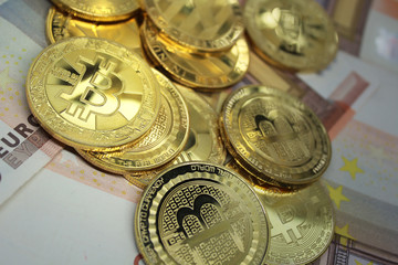 Bitcoin Blockchain Cryptocurrency.New Virtual Money.Mining and Trading Concept. Euro Notes