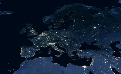 Earth at night, city lights showing human activity in Europe and Middle East from space. Elements of this image furnished by NASA.