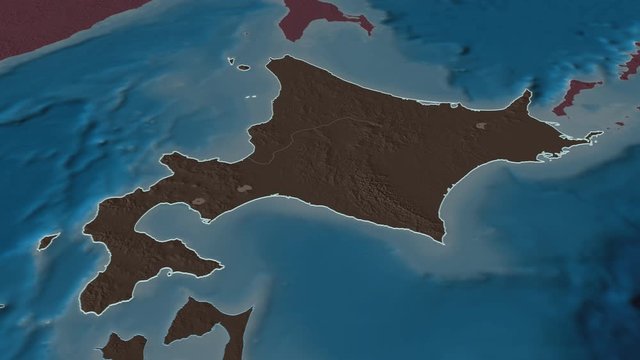 Hokkaido, circuit with its capital, zoomed and extruded on the administrative map of Japan in the conformal Stereographic projection. Animation 3D