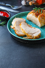 pork meat tasty and healthy grill food bbq meatloaf, menu concept. background. top view. copy space