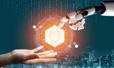 3D Rendering futuristic robot technology development, artificial intelligence AI, and machine...