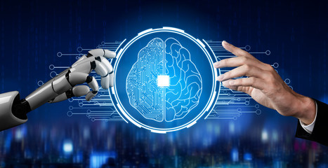 3D Rendering futuristic robot technology development, artificial intelligence AI, and machine...