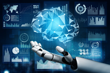 3D Rendering futuristic robot technology development, artificial intelligence AI, and machine...