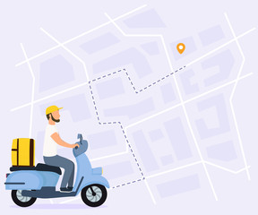 Food delivery vector illustration. Courier man on scooter with yellow parcel box on the back. Route with dash line trace and finish point on city map. Top view.