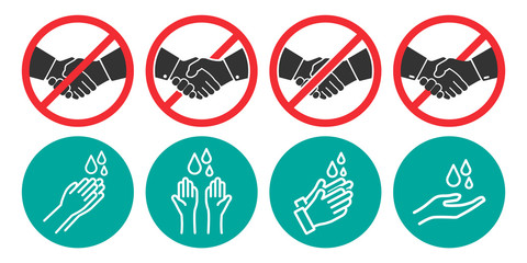 Set of no handshake and washing hands icons in four different versions in a flat design. Vector illustration