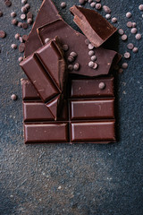 chocolate delicious cocoa dessert, pieces of sweets, menu concept. food background top view. copy space