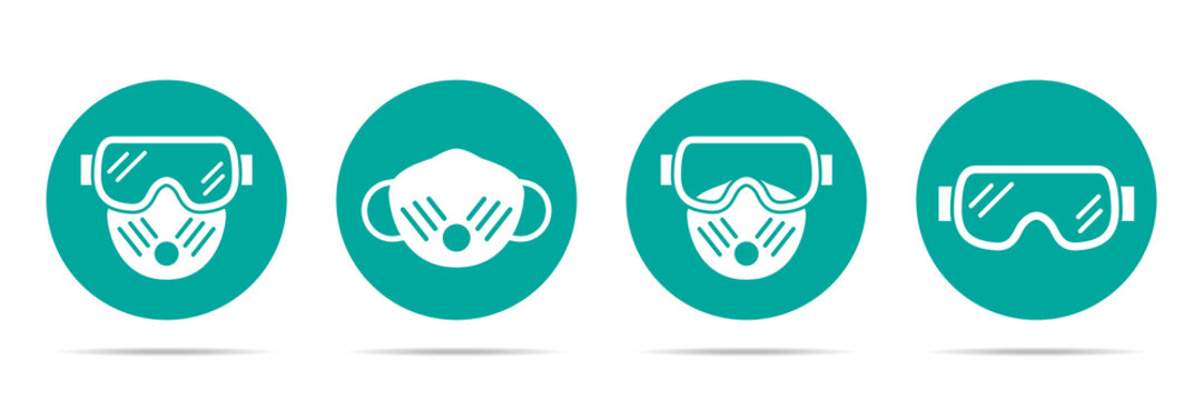 Set of antiviral mask with glasses icons in four different versions in a flat design. Vector illustration