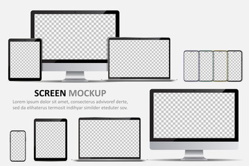 Screen mockup. Computer monitor, laptop, tablet and smartphone with blank screen for design - obrazy, fototapety, plakaty