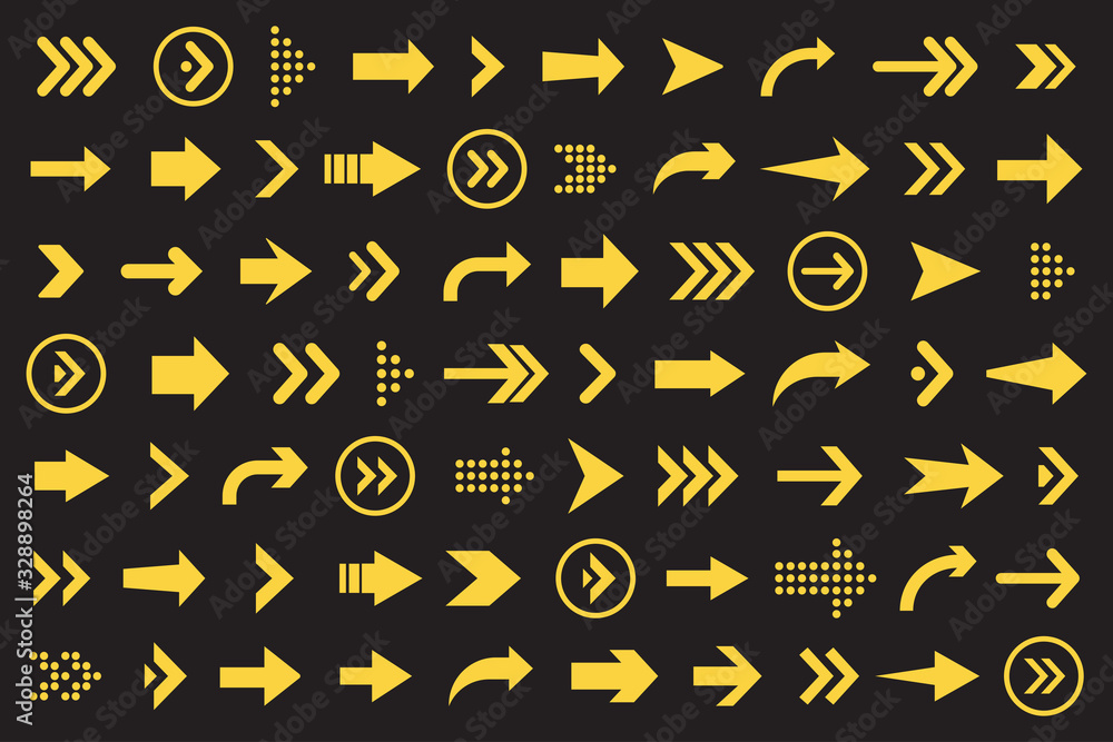 Leinwandbilder Set of arrows collection in orange color on a black background for website design