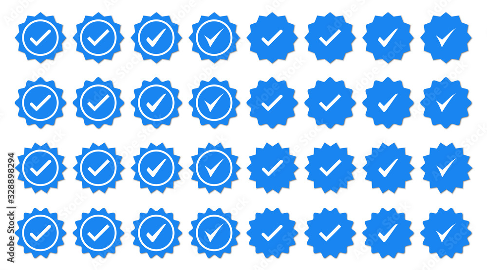 Poster set of blue check mark badge icons. profile verification icons