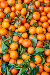 Orange tangerines with leaves lie on a counter in a store top view. Mandarins in the market.