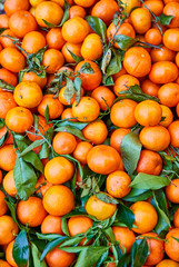 Orange tangerines with leaves lie on a counter in a store top view. Mandarins in the market.