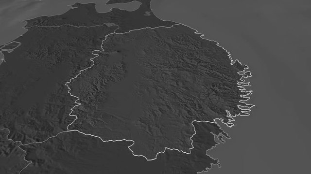 Iwate, prefecture with its capital, zoomed and extruded on the bilevel map of Japan in the conformal Stereographic projection. Animation 3D