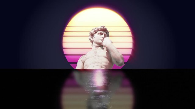 A vaporwave styled composition showing an ancient Greek statue in a dark sea, with a digital sun behind it and reflections on the water.