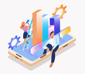 Conceptual web seo illustration. Work in a young team. Flat isometric vector illustration isolated on white background. Can be used for web banner, infographics, hero images. .Horizontal format