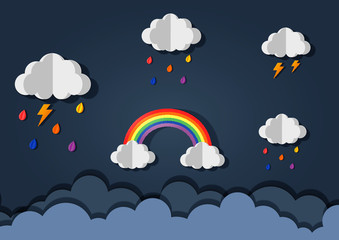 happy monsoon season background. rainbow in the rainy. paper art style. vector Illustration.